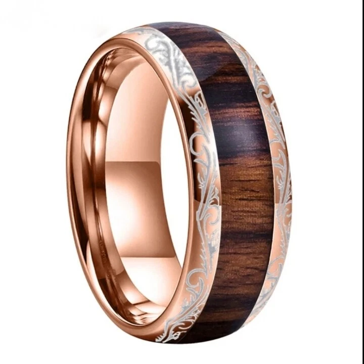 Anillo de carburo de tungsteno pulido cúpula incrustación madera rojo oscuro venas hojas 8 mm Foto 1 de 4