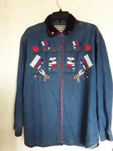 Camicia donna blu denim maniche lunghe bottoni davanti camicia insegnante taglia L - Foto 1 di 3