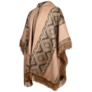 LIGHTWEIGHT BABY ALPACA WOOL HOODED PONCHO FRINGE UNISEX TAUPE & CHARCOAL - Picture 1 of 15
