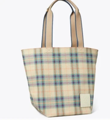 Bolso de Mano Tory Burch Ella Deconstruido Ella Lona Cuero Lago Cuadros Nuevo con Etiquetas Foto 1 de 4