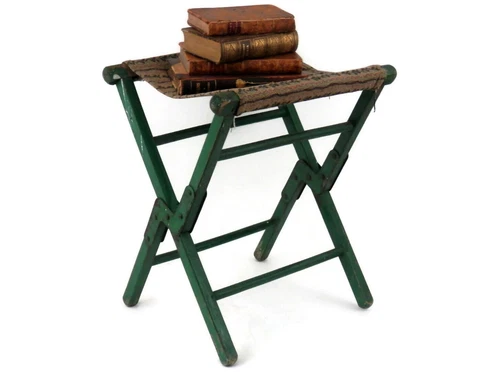 Antique Folding Camp Stool w/Woven Carpet Seat Original Apple Green Paint Cover