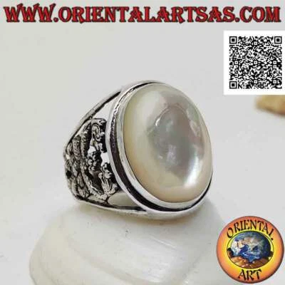 Anello in Argento 925‰ madreperla ovale e doppio drago intrecciato su traforo su - Immagine 1 di 4