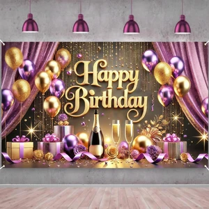 Happy Birthday Banner 71X43 Inch Purple and Gold Party Backdrop Glittering Ballo - Picture 1 of 7