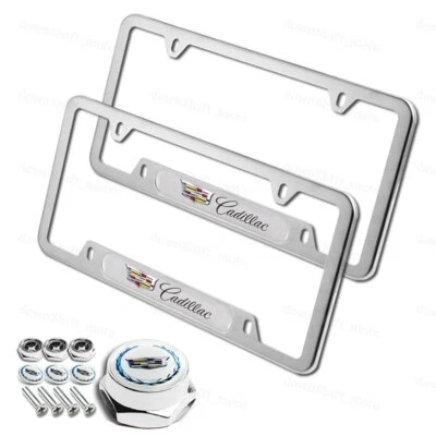 1 Pair For CADILLAC Silver Stainless Steel License Plate Frame w/ Screw Set New - Image 1 of 4