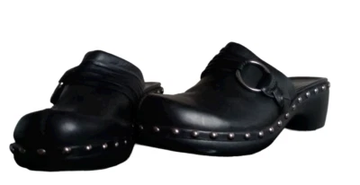 ECCO Women's US 6.5 EUR 37 Black Leather Round Toe Studded Comfort Clog Y2K - Imagem 1 de 4