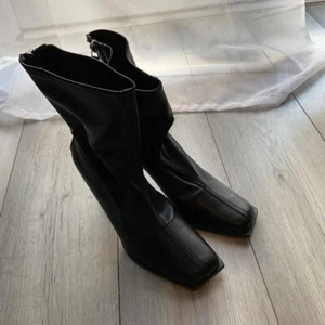 Topshop Black Square Toe Sock Heel Ankle Faux Leather Stiletto Boots UK 8 - Picture 1 of 4