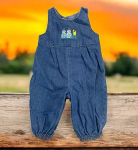 VTG Farm Embroidered Denim Romper Overalls Size 0-3 Months Cow Chicken Cuteness - Picture 1 of 11