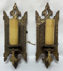 Antica coppia di arti e mestieri candela revival spagnola applique da parete luci gotiche - Foto 1 di 15