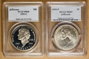 1993 Unc & Proof Jefferson Commemorative Silver Dollars PCGS MS69 & PR69 - Picture 1 of 2