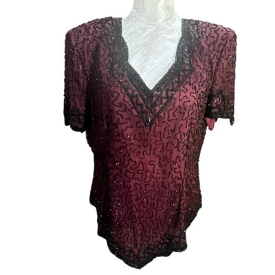 Top de seda con cuentas negras XL vintage para mujer Top rojo manga corta cóctel elegante Foto 1 de 4