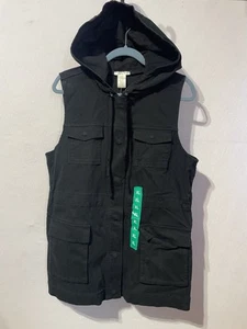 new Matty M Hooded Anorak Cargo Utility Vest Black Womens XL cotton spandex snap - Picture 1 of 7