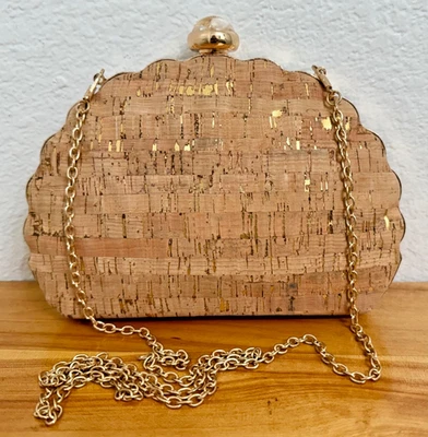 Bolso de Noche Vintage Clamshell Corcho y Dorado Cartera Bandolera Estrella de Mar Cierre Interior Foto 1 de 4