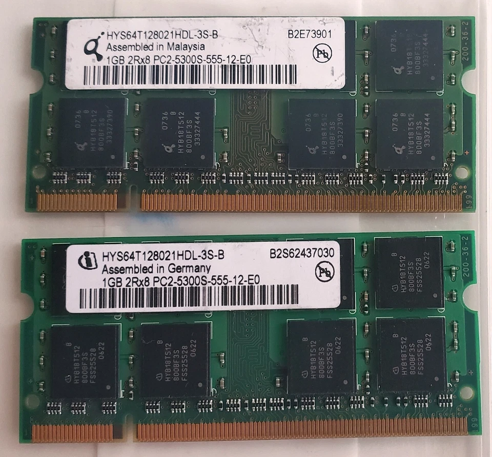 2x Qimonda/INFINEON 1GB 2Rx8 PC2 5300S 555-12 HYS64T128021HDL-3S-8 DDR2 667MHZ - Image 1 of 1
