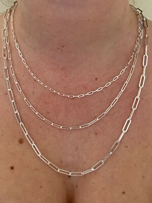 Solid 925 Sterling Silver Paperclip Rolo Chain 2.5mm - 4mm Cable Necklace Italy - Image 1 of 4