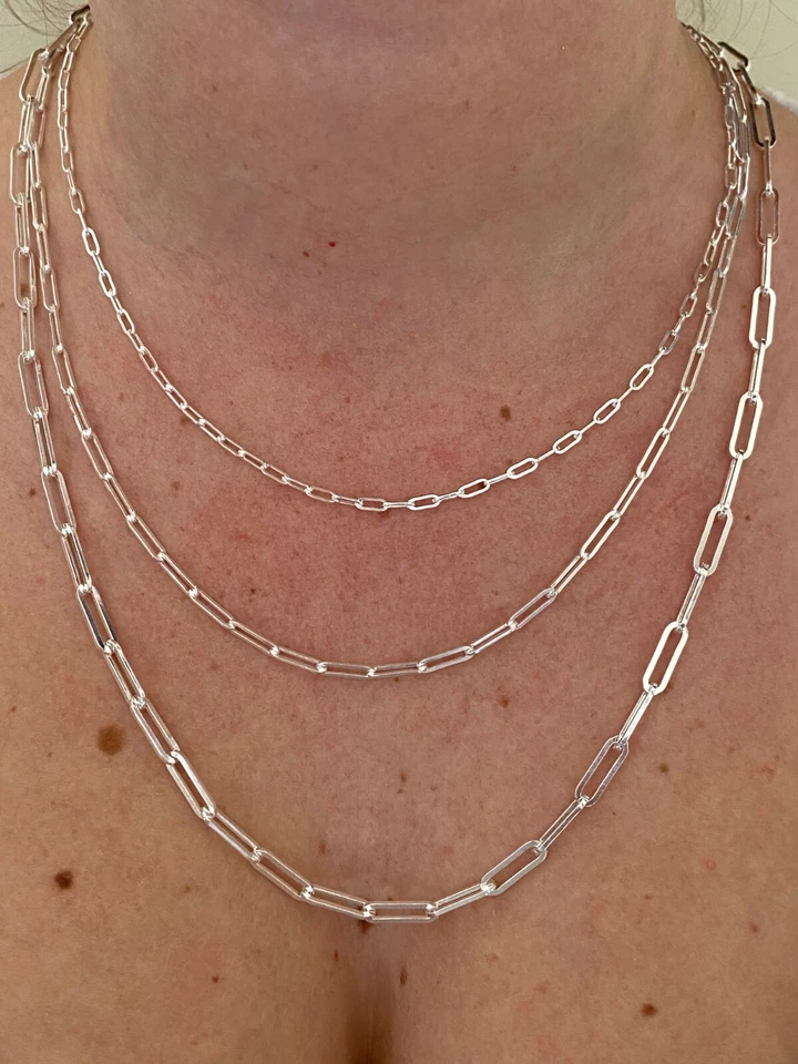 Solid 925 Sterling Silver Paperclip Rolo Chain 2.5mm - 4mm Cable Necklace Italy - Image 1 of 4