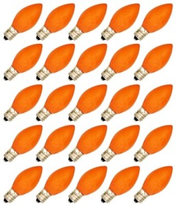 Box of 25 Light Bulbs - C7, Steady Burning- Opaque Orange- 7 Watt, Nickel Plated