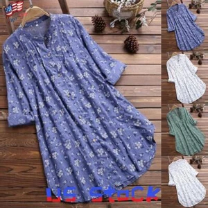 Women Linen Cotton T-Shirt Dress Plus Size Ladies Casual Baggy Tunic Tops Blouse - Picture 1 of 16