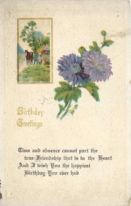 Postal Feliz Cumpleaños Escena Floral y Rural Caballo Amistad - Imagen 1 de 2