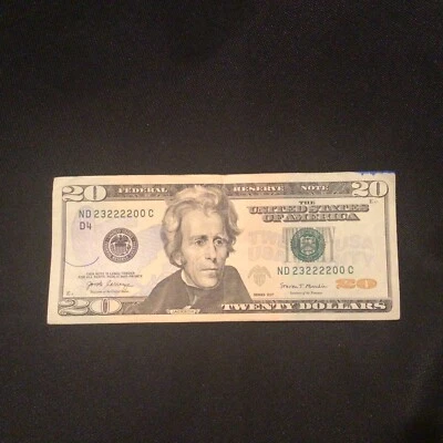 Trinary 5 of a kind LUCKY TWOs SERIAL NUMBER $20 DOLLAR NOTE BILL 23222200 - Image 1 of 4