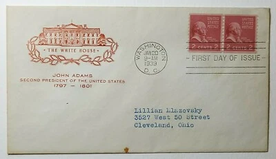 1939 FDC John Adams White Series First Day Cover House of Farnam Pair 2c SC #841 - Image 1 of 2