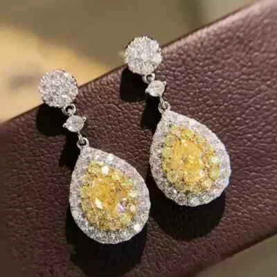 2Ct Pear Cut Lab-Created Yellow Sapphire Drop Dangle Earrings14kWhiteGold Plated - Image 1 of 4