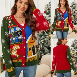 Ladies Christmas Buttons Cardigans Jumper XMAS Party Knitted Coats Tops Jacket - Picture 1 of 10
