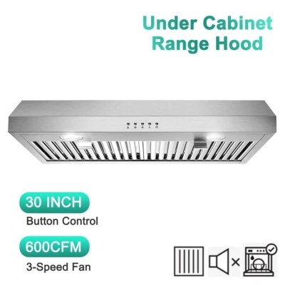 30 inch Kitchen Under Cabinet Range Hood Stainless Steel 600CFM Vent w/LEDs - Image 1 of 4