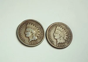 Lot of 2 Indian Head Penny - 1887 and 1907 Clipped Planchet Mint Clip Error - Picture 1 of 4