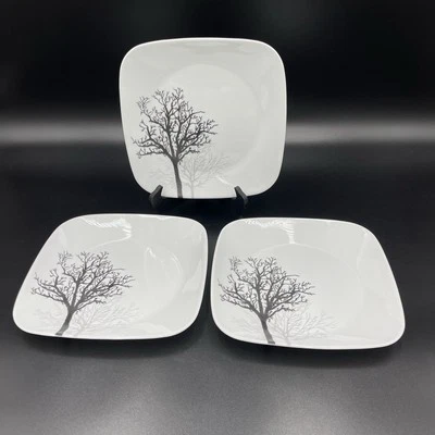 3 Corelle TIMBER SHADOWS Luncheon Plates Vitrelle 9 in Square Black Gray Tree - Image 1 of 4