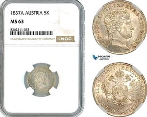 AK760, Austria, Ferdinand I, 5 Kreuzer 1837 A, Vienna Mint, NGC MS63, Top Pop! - Picture 1 of 1