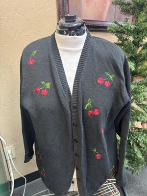 The Quacker Factory Cardigan Beaded Fruit Black Cotton  Vintage 1x - Image 1 of 4