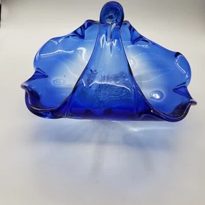 Hand Blown Art Glass Cobalt Blue & Clear Handled Bowl Basket 10.25" - Picture 1 of 6