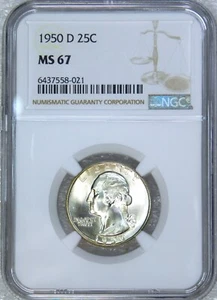 1950-D Washington Silver Quarter NGC MS67 White & Frosty PQ Just Graded #395G - Picture 1 of 4