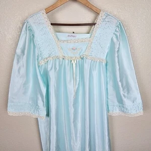 Miss Elaine Vintage Blue Green Satin Nylon Maxi Nightgown Women's L Lace Floral - Picture 1 of 13