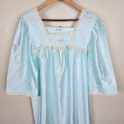 Miss Elaine Vintage Blue Green Satin Nylon Maxi Nightgown Women's L Lace Floral - Image 1 of 4