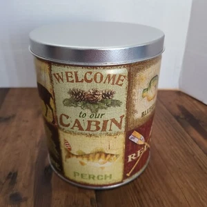 Rustic Retreat Cabin Lodge 5" TIN Canister Round Perch, Moose, Bear, Deer, Trout - Picture 1 of 12