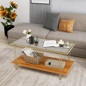 2 Tier Rectangular Coffee Table With Gold Steel Frame Storage Shelf - Picture 1 of 1