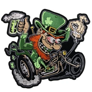 LEPRECHAUN IRISH BEER BIKE Jacket Vest Back PATCH | IRON ON OR SEW   10" X 9" - Picture 1 of 1