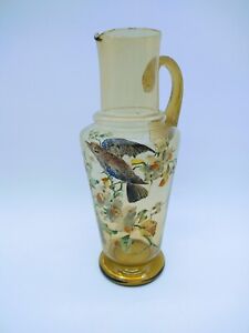 Antique Moser Blown Art Glass Pitcher Enamled Bird Flowers 13in