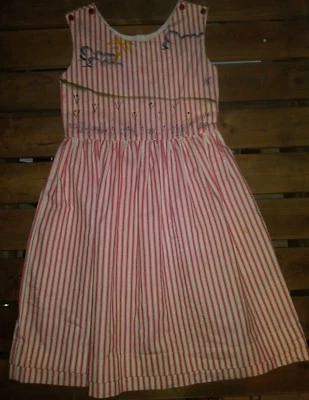 RARO Vestido Largo Vintage Niñas Pato Ganso Hecho a Mano Pin Rojo Rayas 6X-7 Foto 1 de 4