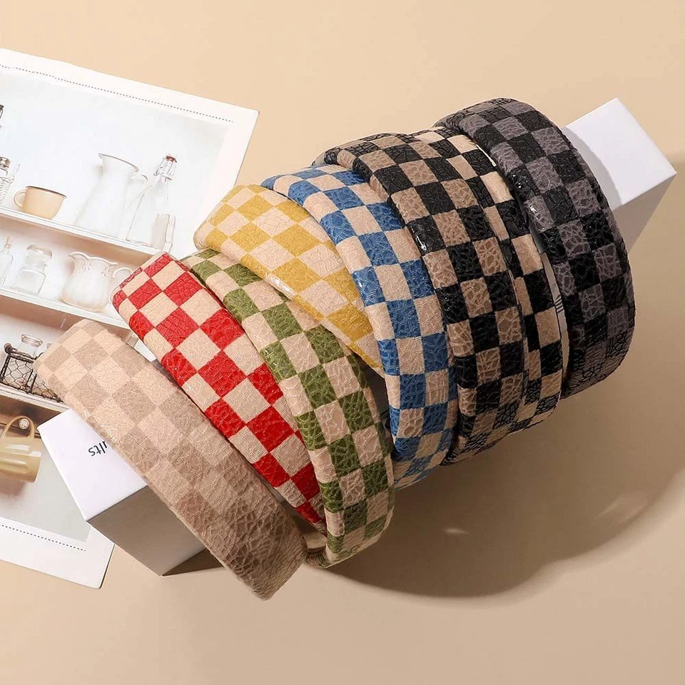 Faux Leather Sponge HeadbandS - Checkerboard Wide Hairband Women Hair Accessorie - Image 1 of 4