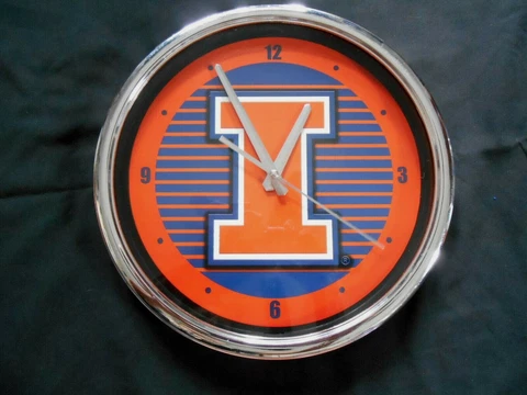 Illinois Illini "I" Wall Clock ~ 11.5" Round Orange/Blue Face with Chrome trim Cover