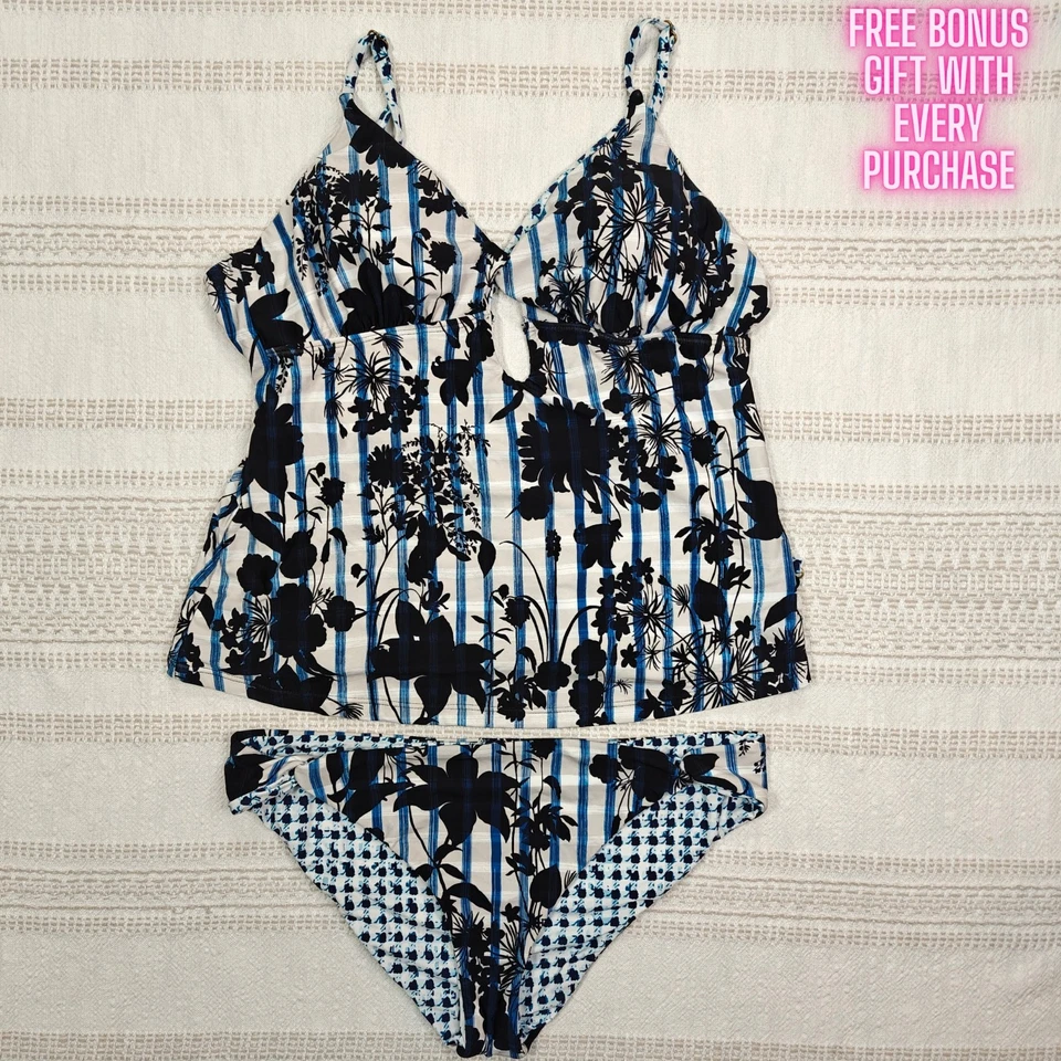 Juego de Natación Tankini Floral Azul Negro Lucky Brand Talla L NUEVO Foto 1 de 4