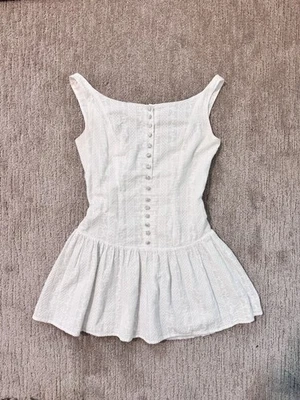 White Boatneck Lace Embroidered  Dropwaist Mini Dress Open Back Small Coquette - Image 1 of 4