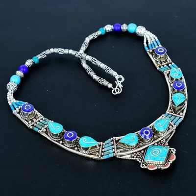 Collana Tibetano Nepalese Argento Sterling 925 Corallo Turchese... - Immagine 1 di 4
