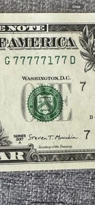 Fancy uncirculated $1 note(77777177)Almost Solid seven of a kind binary series  - Picture 1 of 2