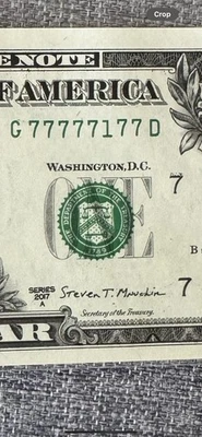Fancy uncirculated $1 note(77777177)Almost Solid seven of a kind binary series  - Image 1 of 2