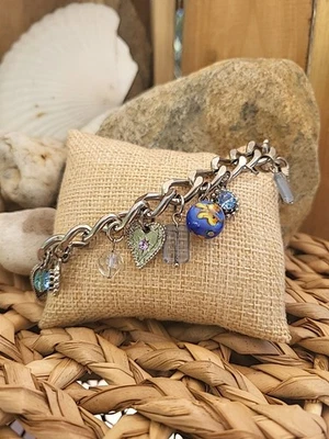 Pulsera artesanal vintage de cuentas de cristal de Murano de acero inoxidable Foto 1 de 4