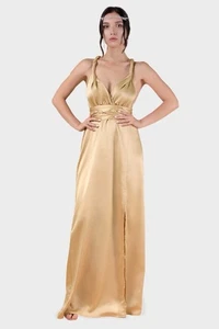 Identity Lingerie Gold Satin Bridesmaid Convertible Halter Maxi Dress M/L - NWT - Picture 1 of 3