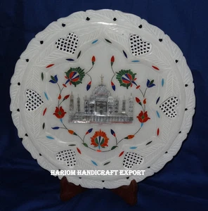 Marble Plate Pietra Dura Inlay Taj Mahal Heart Grill Arts Handicraft Decor Gifts - Picture 1 of 5